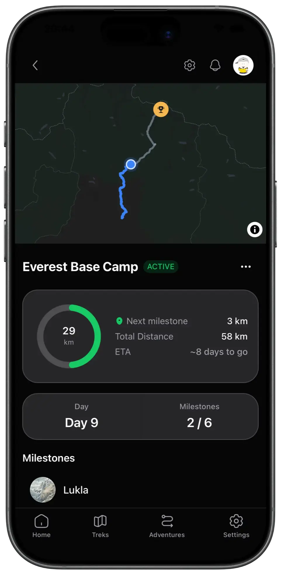 reTrek showing an active Everest Base Camp adventure with map, walked progress, and the next milestone glowing